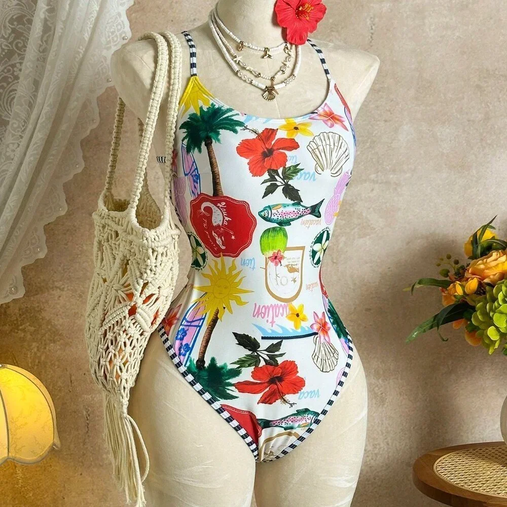 Multicolor Casual Women's Tropical Floral Print Stripe One piece Swimsuit